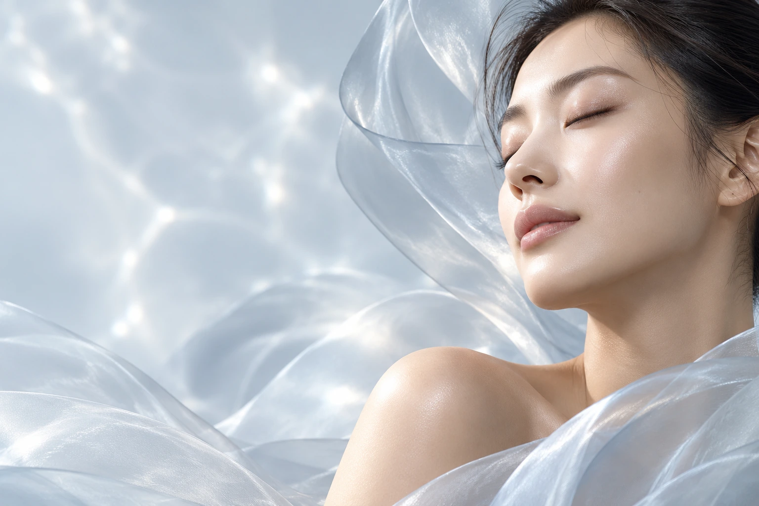 珠光雾蓝薄纱环绕的女性侧脸,呈现自然肌肤质感的品牌创意画面